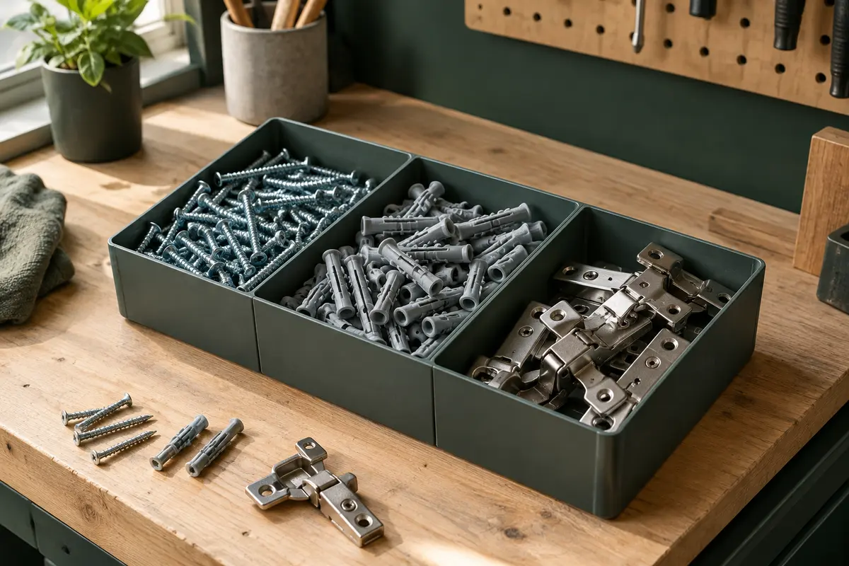 Vis, chevilles et charnières rangées dans des compartiments d’atelier