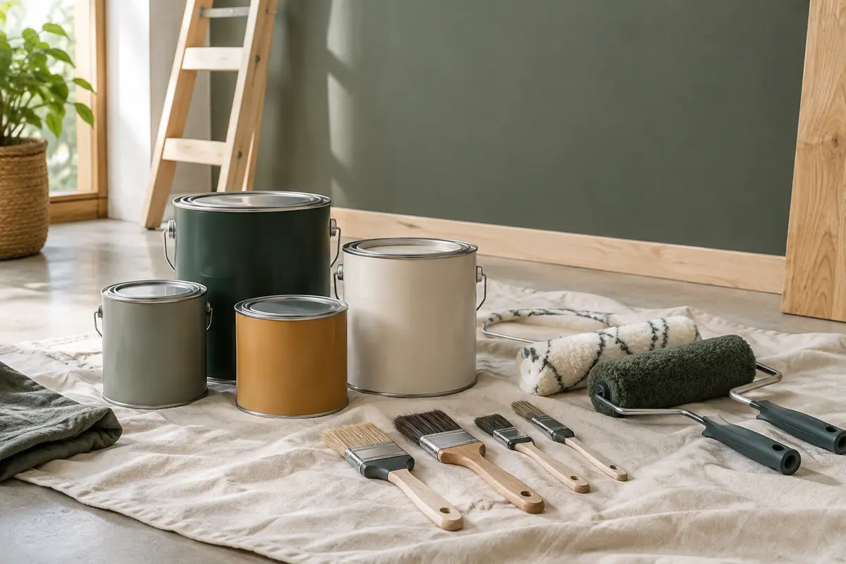 Pots de peinture, pinceaux et rouleaux disposés dans un coin d’atelier