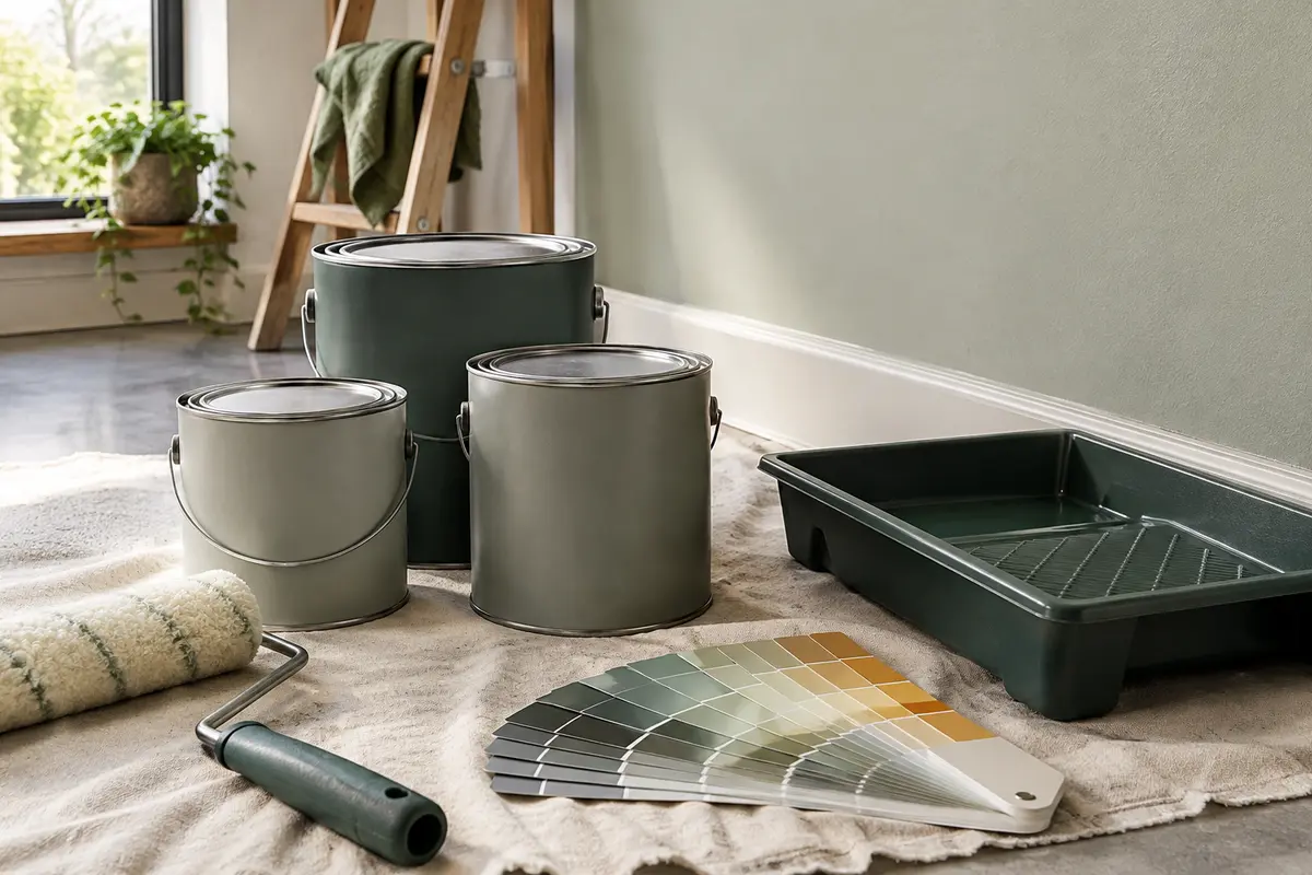 Pots de peinture intérieure devant un mur fraîchement peint en teinte claire