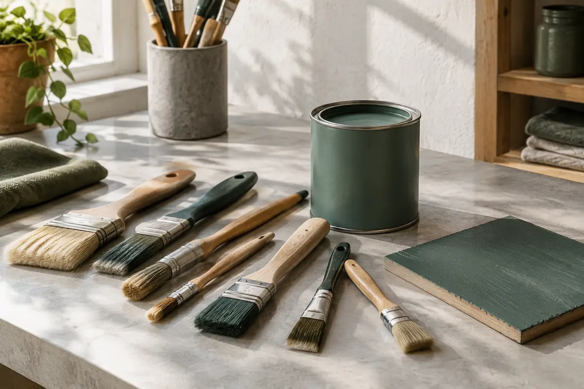 Pinceaux de peinture de formes et largeurs différentes sur un établi