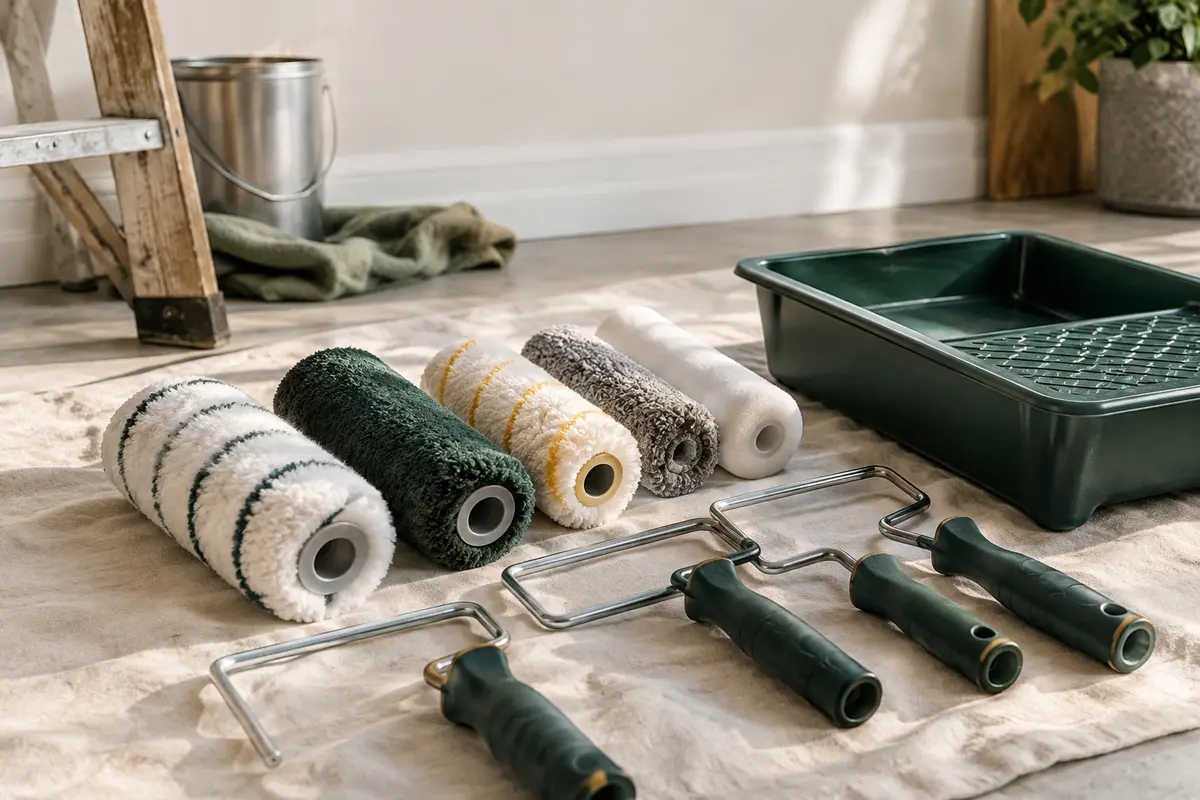 Rouleaux et manchons de peinture alignés près d’un bac propre
