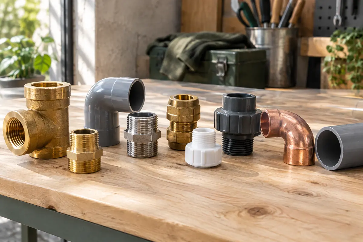 Raccords de plomberie en laiton et PVC présentés près d’un tuyau