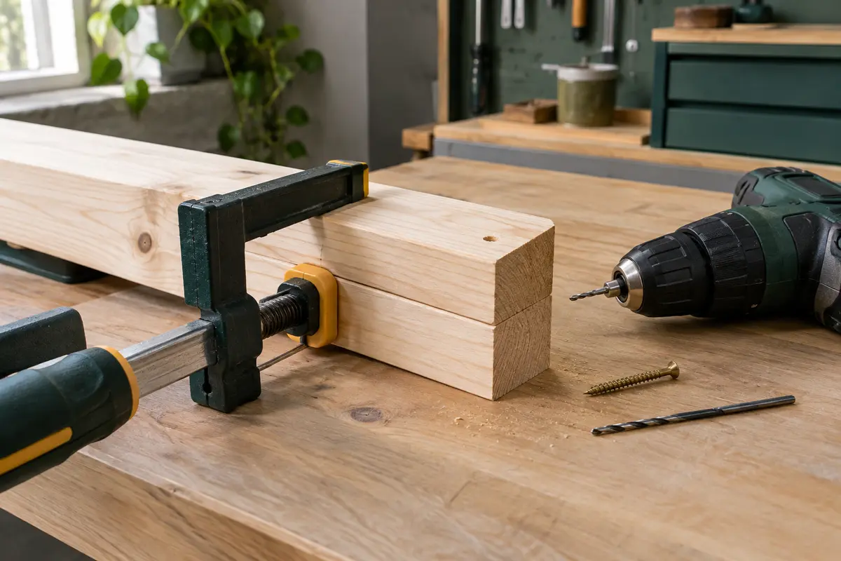 Deux pièces de bois maintenues par un serre-joint, avec une vis et un foret de préperçage posés sur l’établi
