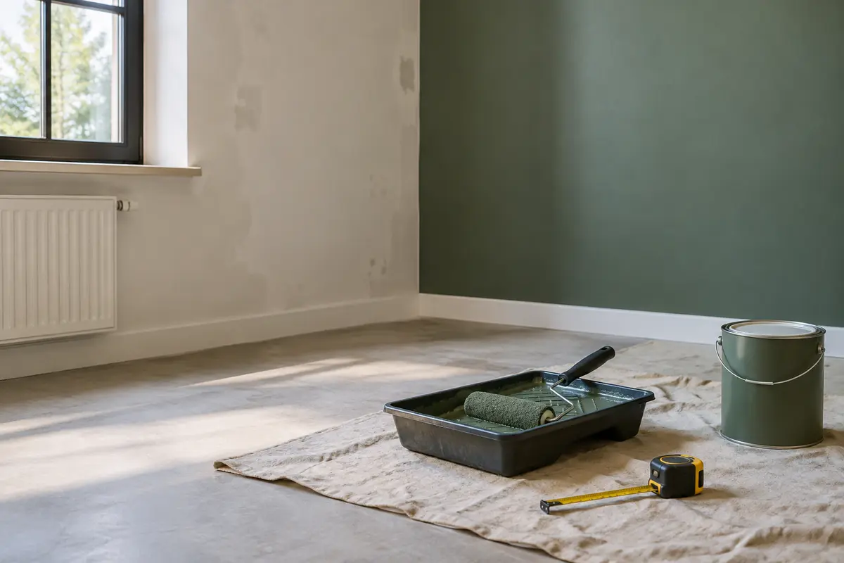 Pièce vide en préparation, avec un rouleau, un bac et un pot de peinture pour estimer les fournitures nécessaires.