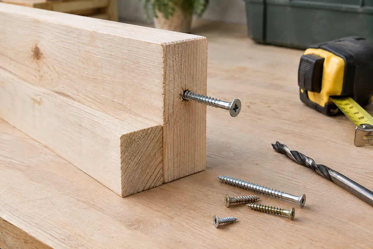 Assemblage de deux pièces de bois avec une vis, un foret et des fixations de plusieurs dimensions