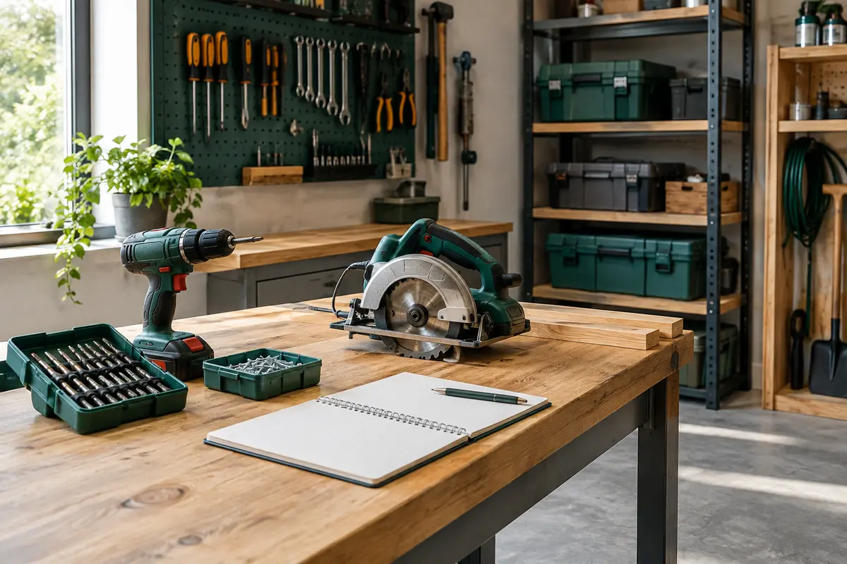 Perceuse, scie et accessoires rangés sur un établi pour préparer un chantier ponctuel