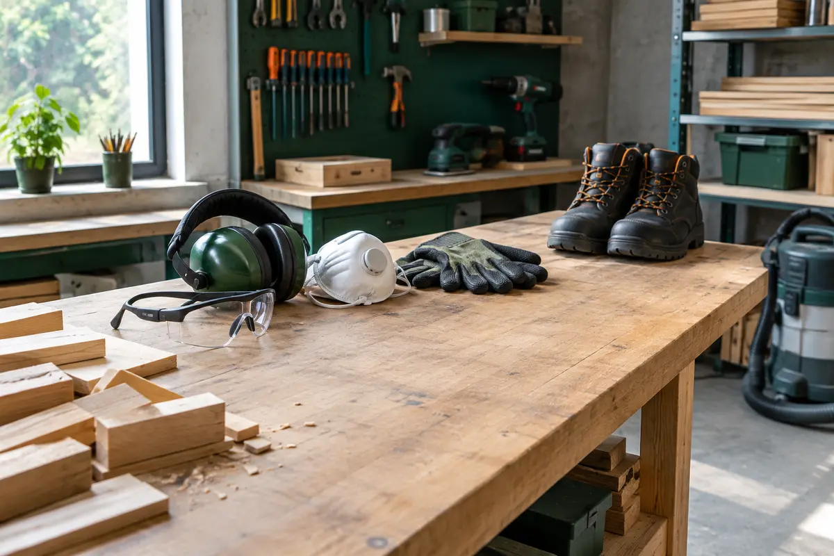 Équipements de protection et outils rangés sur un établi préparé pour des travaux de bricolage