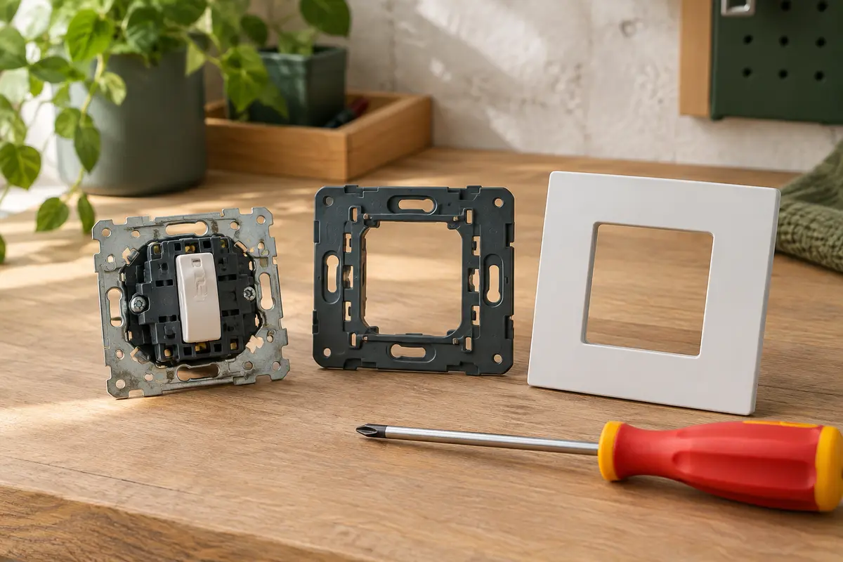 Mécanisme, support et plaque d’interrupteur séparés pour comparer leur compatibilité avant remplacement