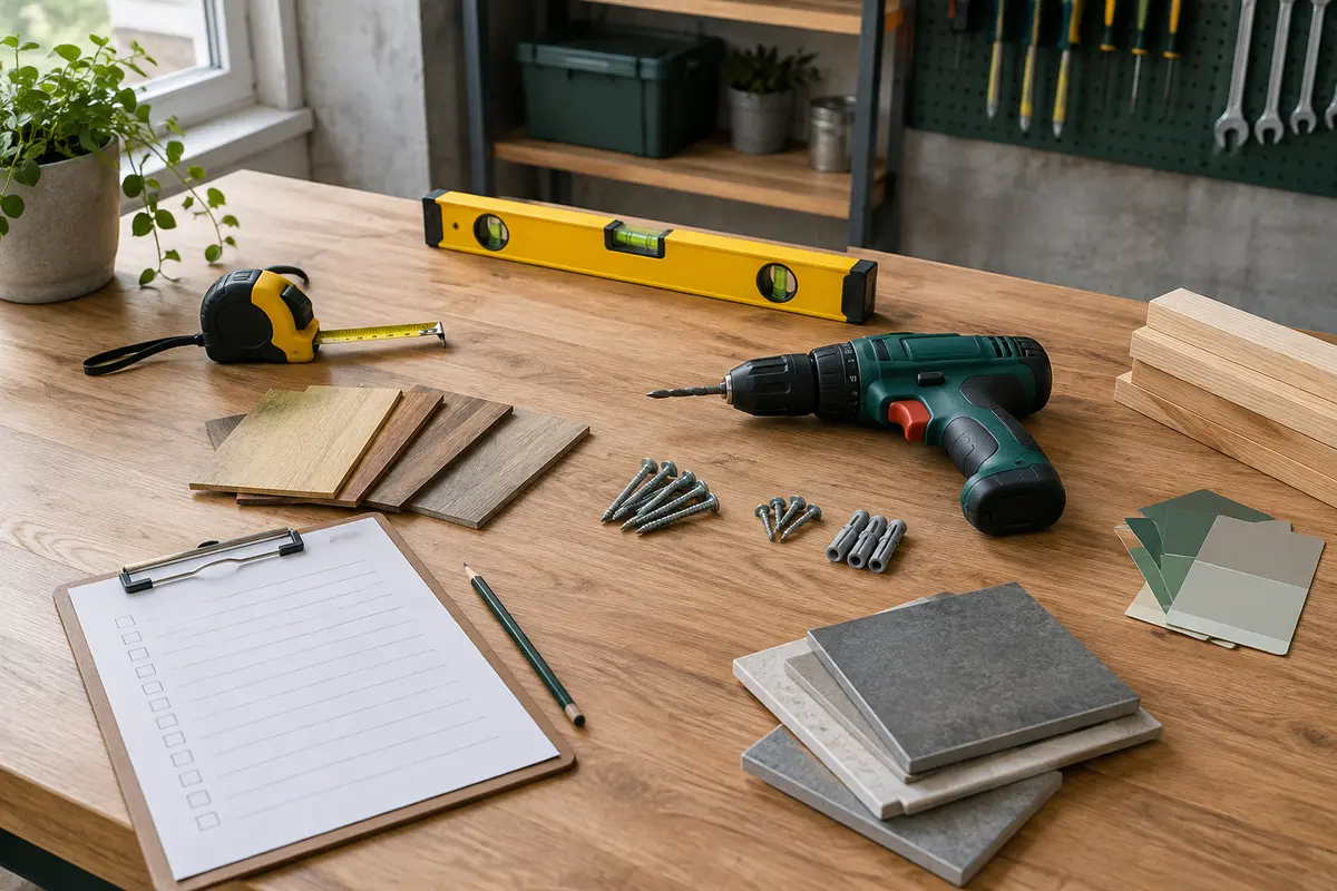 Établi organisé avec outils, fixations et fournitures préparés pour planifier des travaux de bricolage.