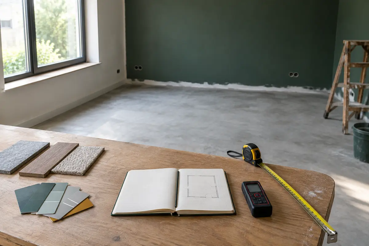 Mètre ruban, télémètre et échantillons de matériaux réunis pour relever les dimensions d’une pièce avant travaux.