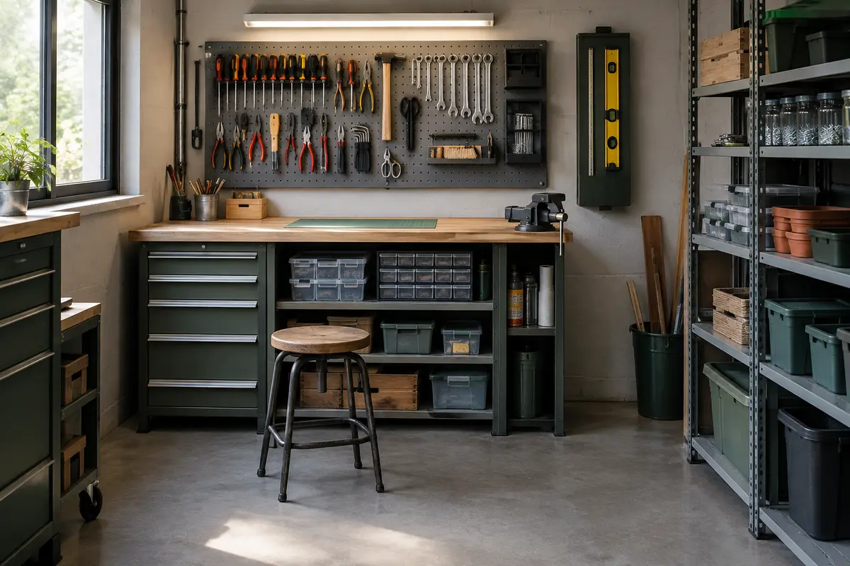 Petit atelier de garage avec outils suspendus, boîtes de consommables triées et instruments de mesure protégés.