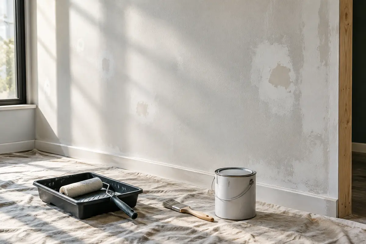 Mur intérieur préparé avant peinture, avec réparations poncées, bâche de protection et outils rangés au sol.