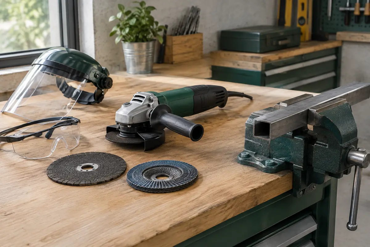 Meuleuse d’angle hors tension, disques pour métal et protections posés près d’une pièce bridée