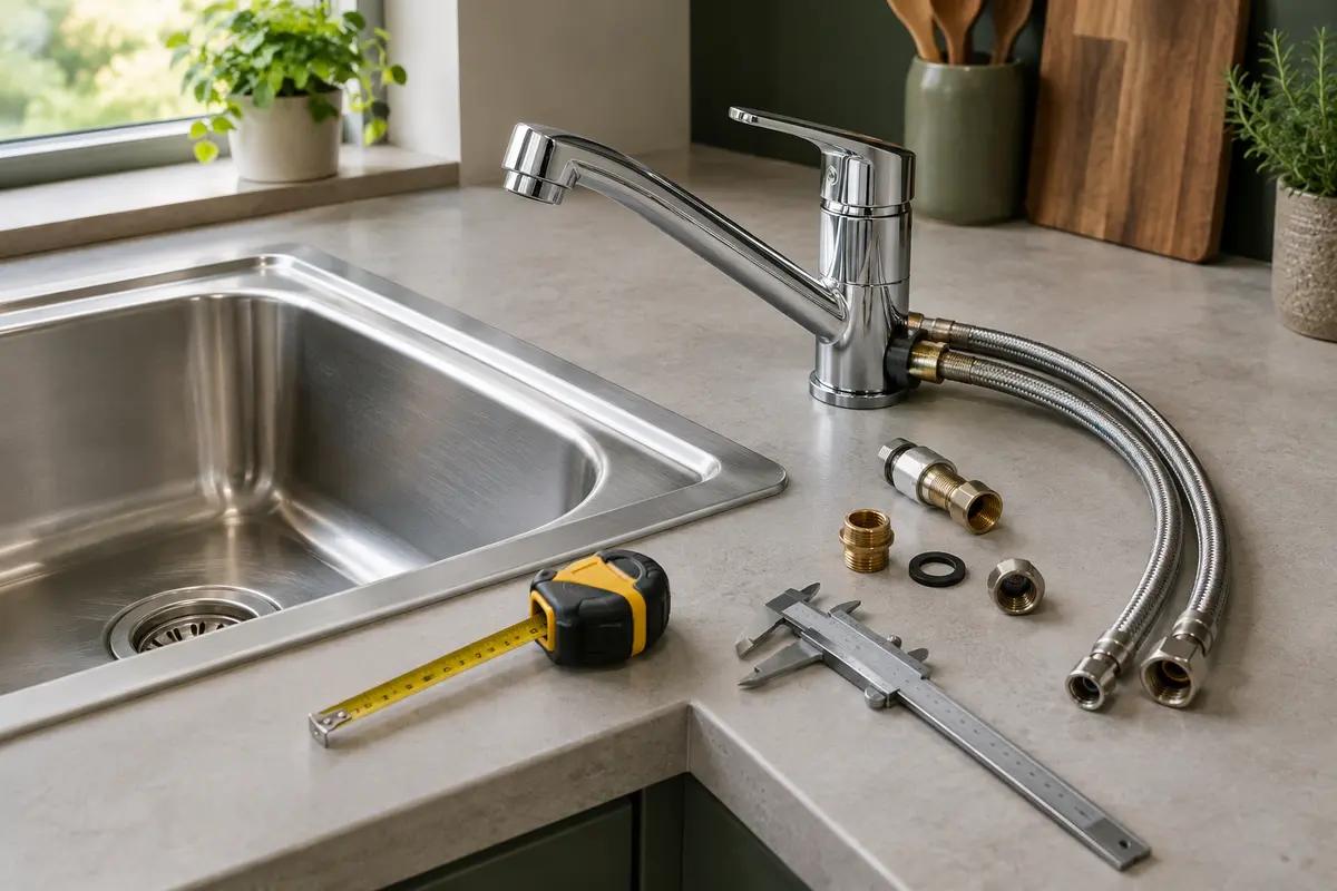 Robinet de cuisine et flexibles près d’un évier, avec des outils de mesure pour vérifier les dimensions.