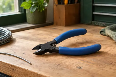 Petite pince coupante Ainiv à poignées bleues, lames noires et ressort de rappel sur un établi.