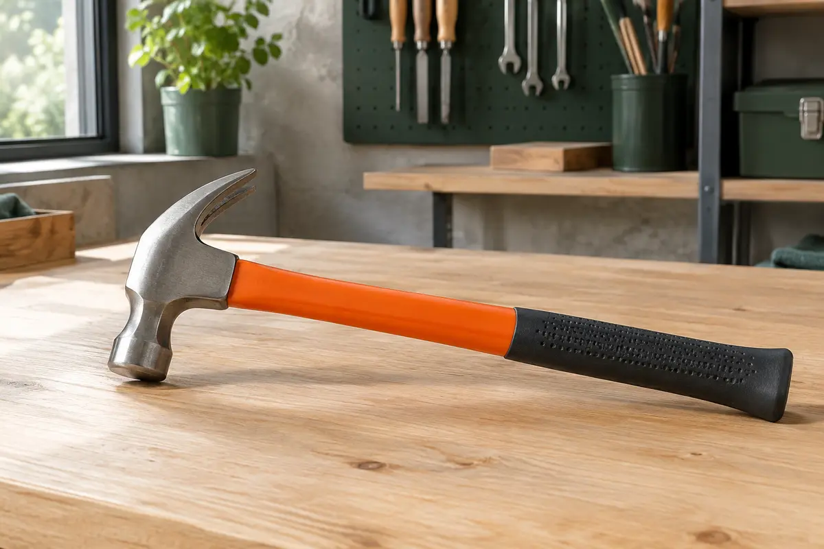 Marteau de charpentier à tête en acier et manche orange en fibre de verre posé sur un établi en bois.