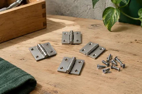 Mini charnières argentées en acier inoxydable et vis assorties posées sur un établi en bois clair