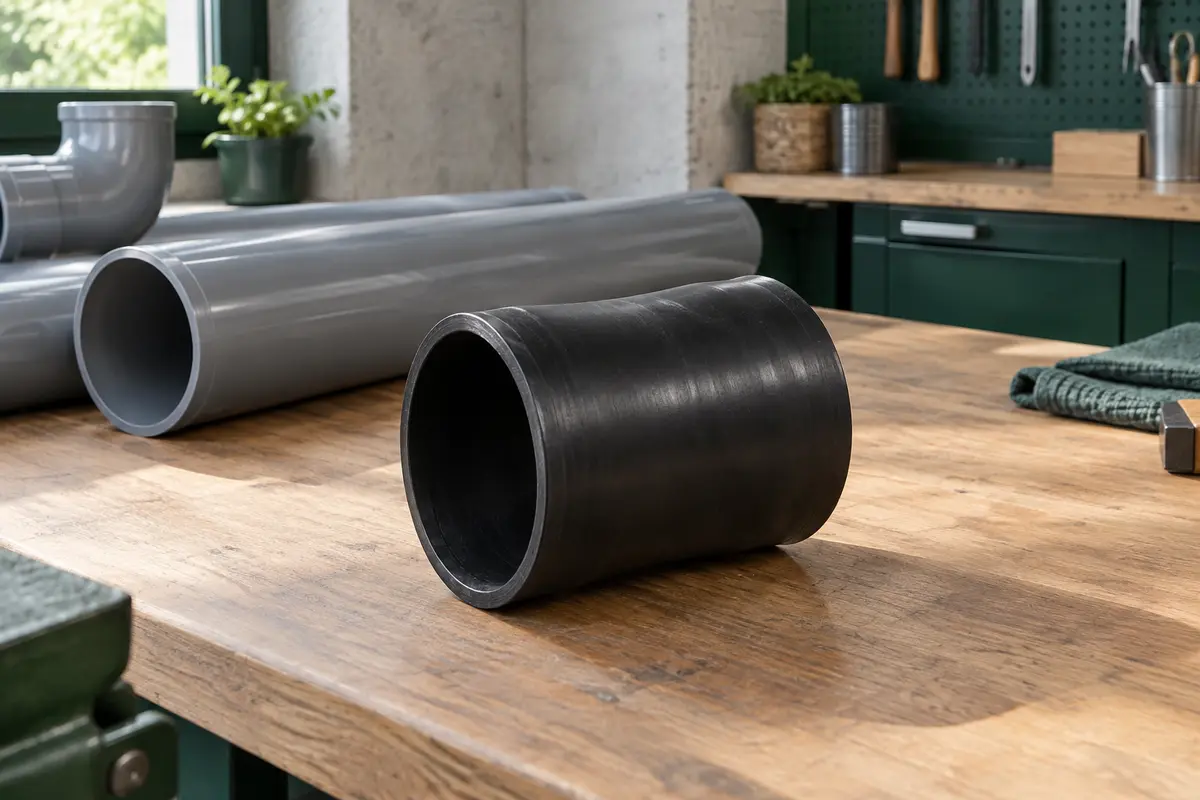 Manchon flexible noir en PVC élastomère posé près de conduites en PVC dans un atelier soigné
