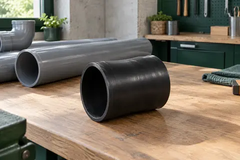 Manchon flexible noir en PVC élastomère posé près de conduites en PVC dans un atelier soigné