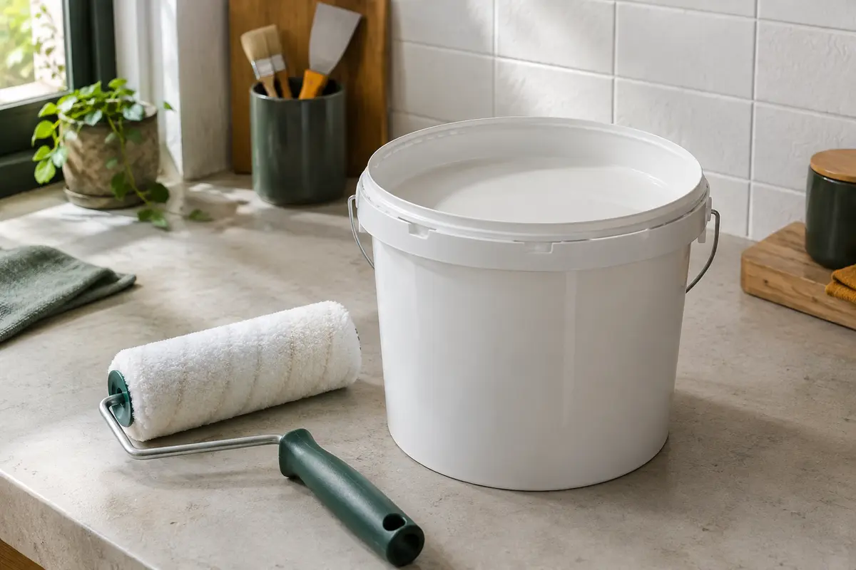 Peinture époxy blanche pour carrelage intérieur présentée près d’un rouleau et d’un mur carrelé