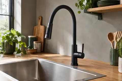 Mitigeur de cuisine noir mat à bec haut flexible installé au-dessus d’un évier sobre