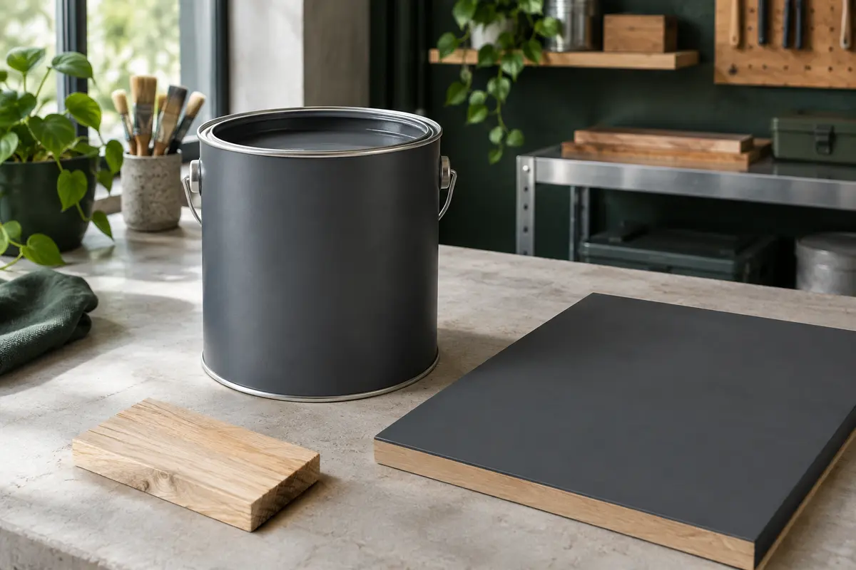 Pot de peinture gris anthracite mate près d’un panneau de bois peint dans un atelier soigné.