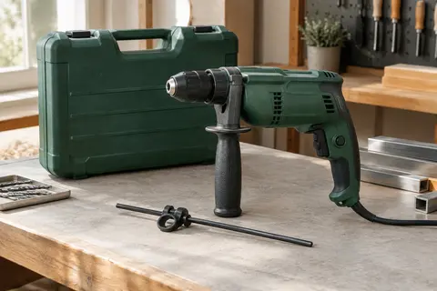 Perceuse à percussion verte avec poignée supplémentaire, butée de profondeur et coffret sur un établi