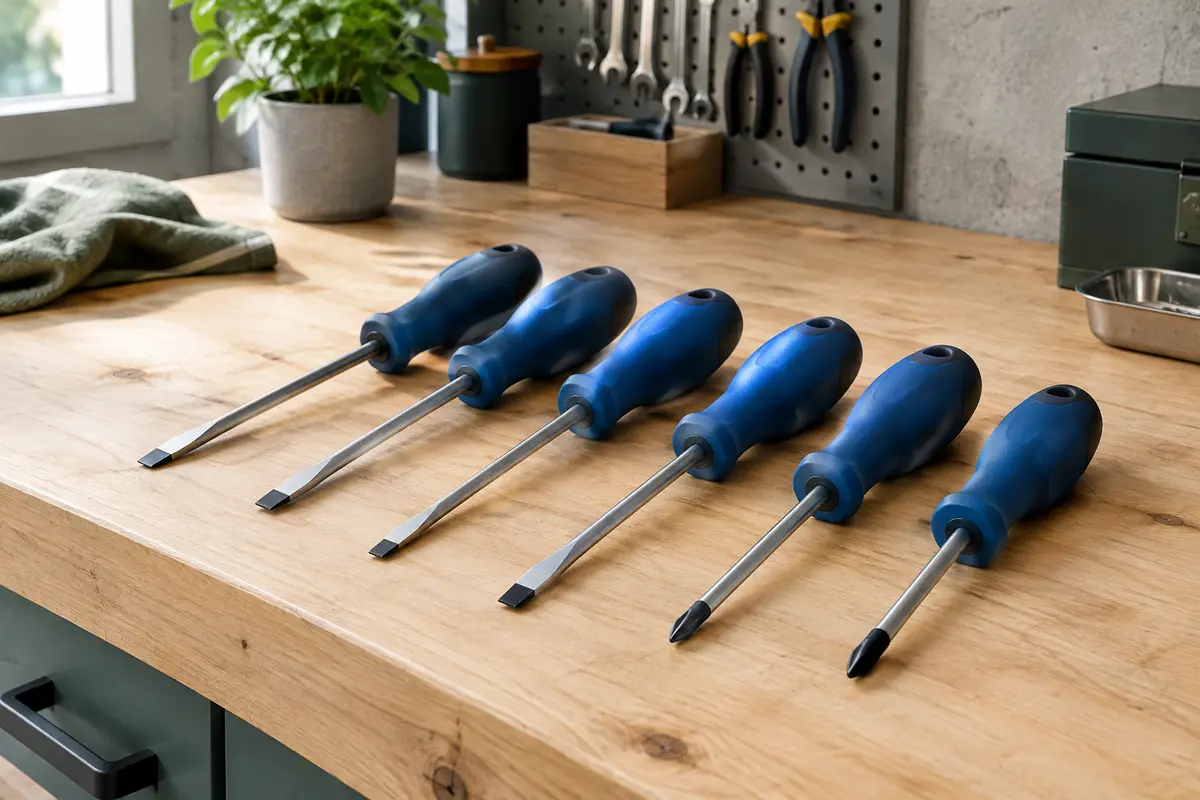 Six tournevis à manches bleus, avec pointes à fente et Phillips, posés sur un établi en bois clair.