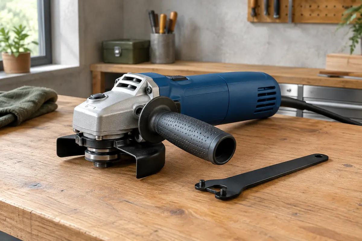 Meuleuse angulaire bleue Bosch Professional avec capot de protection posée sur un établi d’atelier