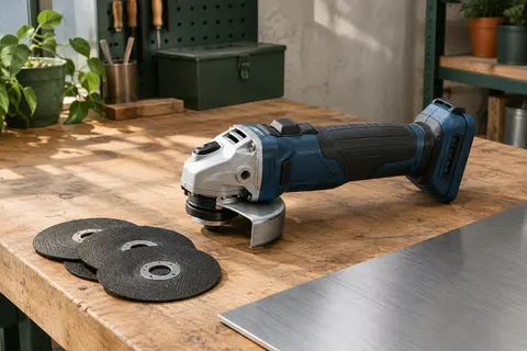 Meuleuse angulaire compacte bleue avec capot de protection et disques de coupe sur un établi