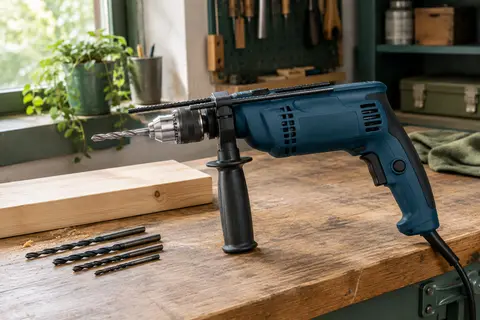 Perceuse à percussion filaire bleue avec mandrin métallique et butée de profondeur sur un établi en bois