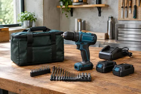 Perceuse-visseuse compacte bleue avec deux batteries, chargeur et accessoires sur un établi d’atelier