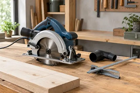 Scie circulaire filaire bleue avec lame de 190 mm et guide parallèle sur un établi en bois