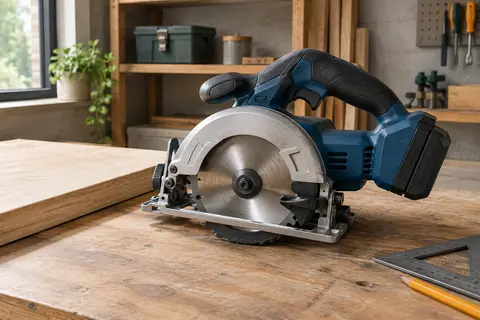 Scie circulaire sans fil bleue avec lame de 165 mm posée près d’un panneau de bois dans un atelier ordonné.