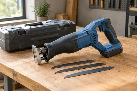 Scie sabre compacte bleue avec trois lames bi-métal et coffret de rangement sur un établi en bois.