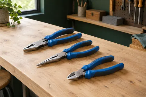 Trois pinces en acier à poignées bleues Softgrip, avec modèles universel, à long bec et coupant diagonal