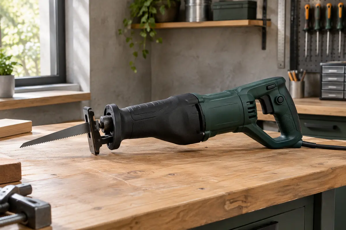 Scie sabre Bosch compacte vert profond avec lame métallique, posée sur un établi en bois clair