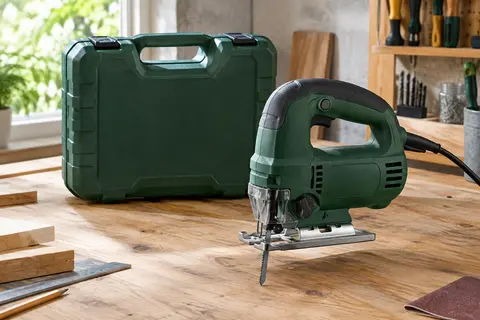 Scie sauteuse compacte verte avec lame métallique et coffret plastique posée sur un établi en bois