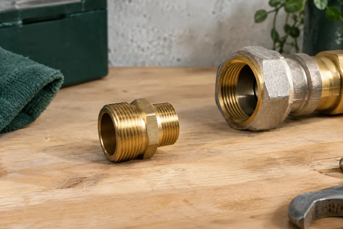 Mamelon réduit double mâle en laiton, avec ses deux extrémités filetées de diamètres différents
