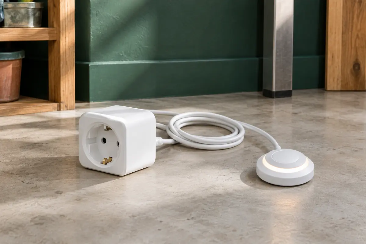Adaptateur blanc à prise unique avec interrupteur à pied lumineux et cordon de commande déporté