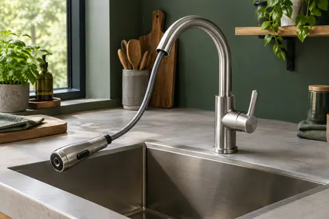 Mitigeur de cuisine CECIPA en inox brossé avec douchette extractible installé au-dessus d’un évier