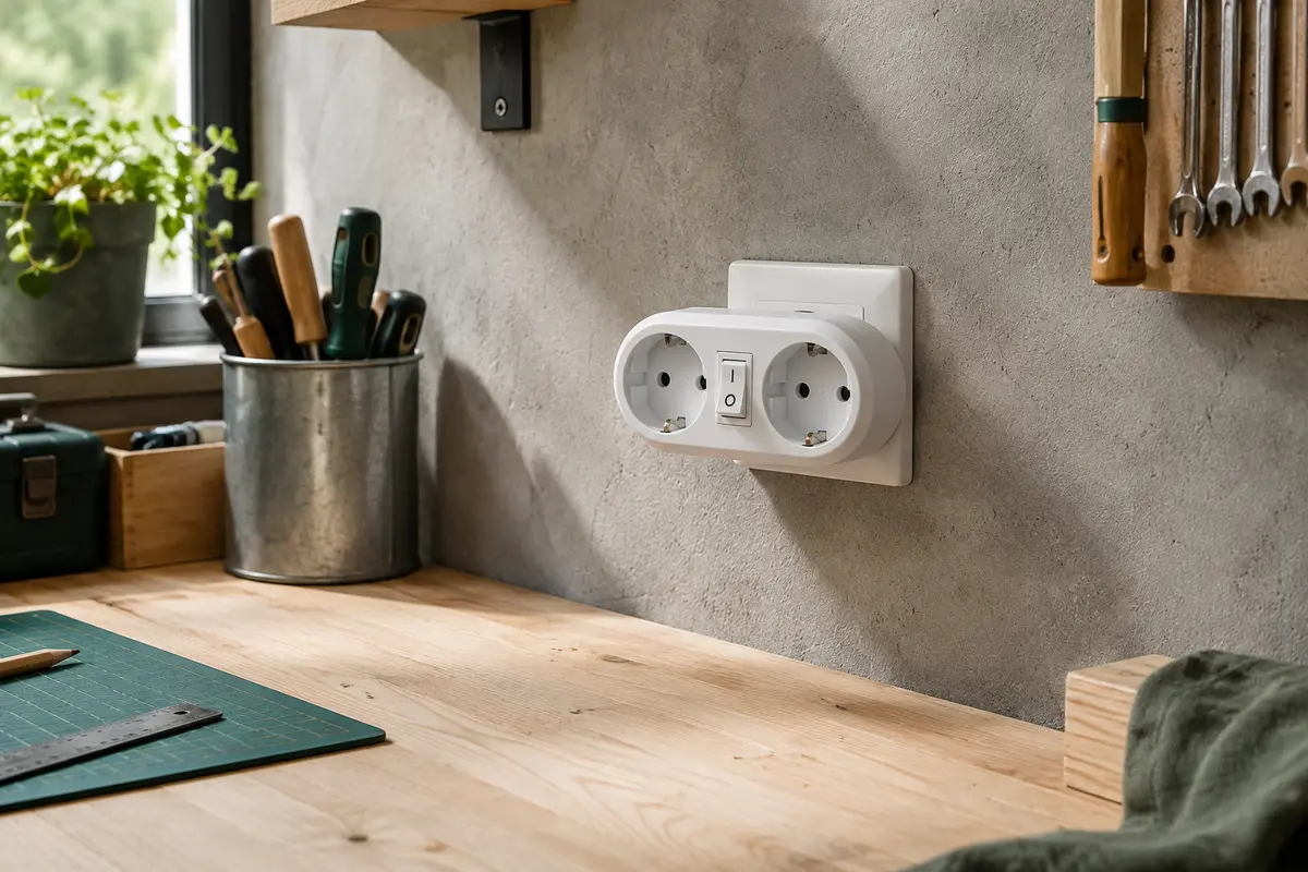 Biplite électrique blanche ovale à deux prises avec interrupteur, installée sur un mur d’atelier.