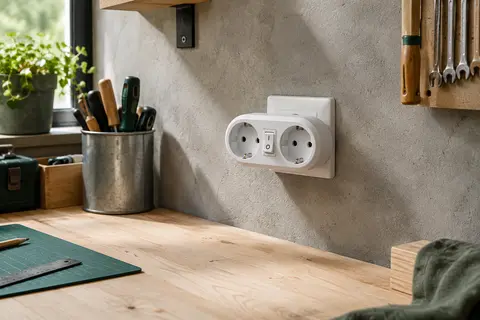 Biplite électrique blanche ovale à deux prises avec interrupteur, installée sur un mur d’atelier.