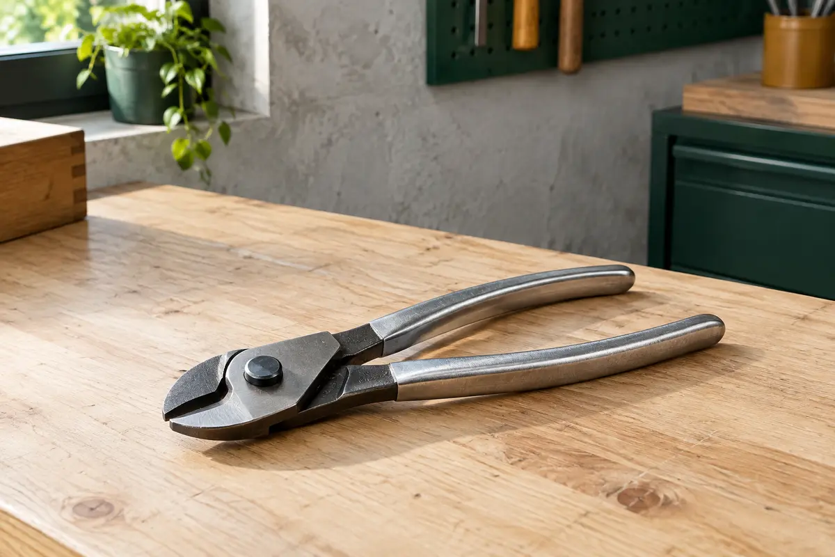 Pince coupe-câble C.K compacte de 160 mm posée sur un établi en bois clair