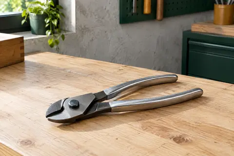 Pince coupe-câble C.K compacte de 160 mm posée sur un établi en bois clair