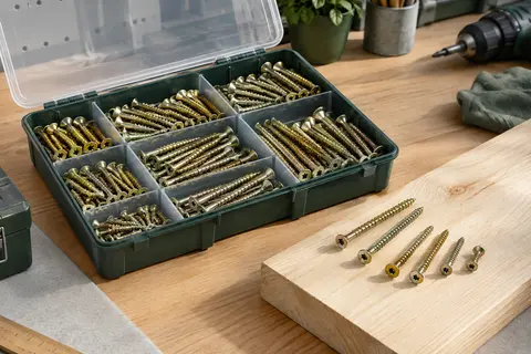 Assortiment de vis à bois galvanisées à tête fraisée, triées par taille dans une boîte compartimentée