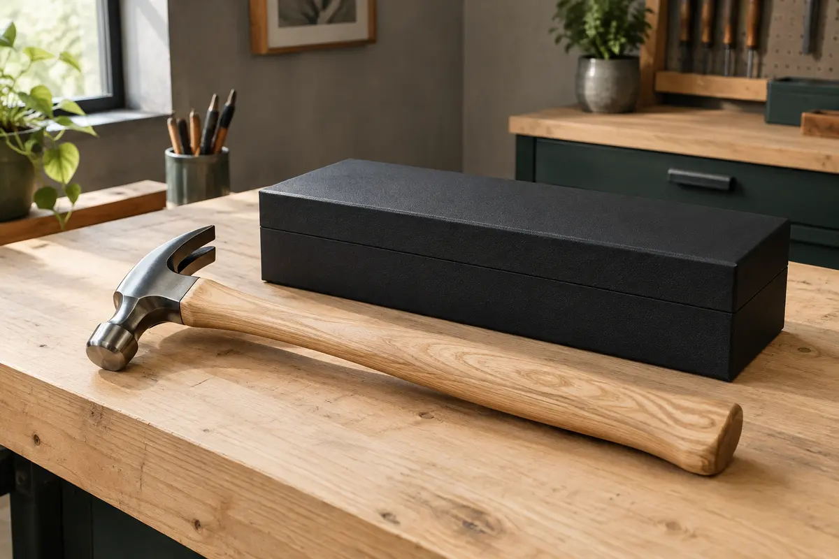 Marteau de charpentier à manche en frêne et tête polie, présenté avec son coffret noir sur un établi.