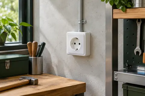 Prise murale DEBFLEX Blok blanche en saillie, installée sur un mur clair dans un atelier soigné.