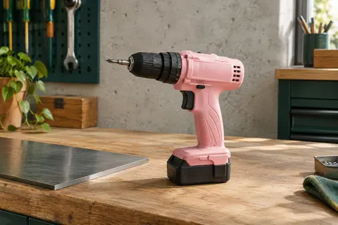 Perceuse-visseuse sans fil DEKOPRO rose posée sur un établi en bois dans un atelier rangé.