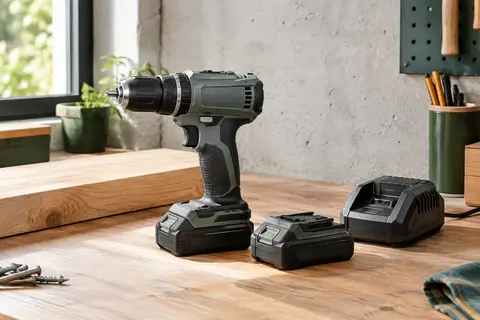 Perceuse-visseuse à percussion sans fil grise avec deux batteries et chargeur dans un atelier soigné